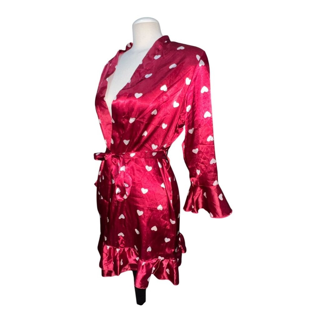 Red Satin Robe Size Large Womens White Heart Print Ruffled Hem & Sleeves Tie-Wai
